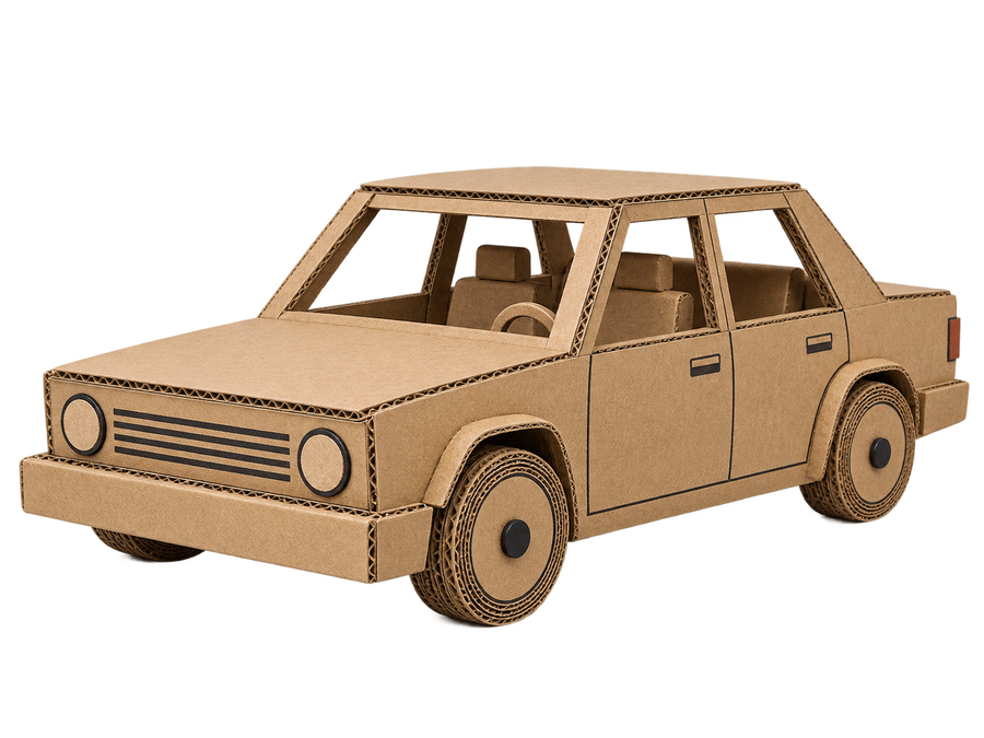 A handmade cardboard car