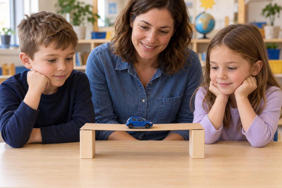 Teacher and students observe a paperboard bridge with a blue toy car.