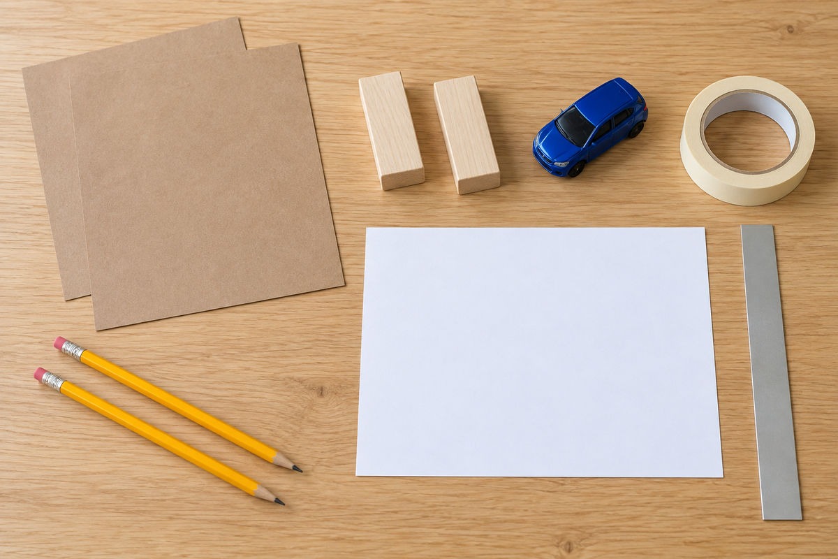 Paperboard sheets, equal-height blocks, a blue toy car, tape, a ruler, a recording sheet and pencils.