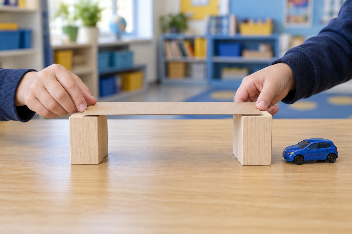 Teacher and students observe a toy car on a thin paperboard bridge.