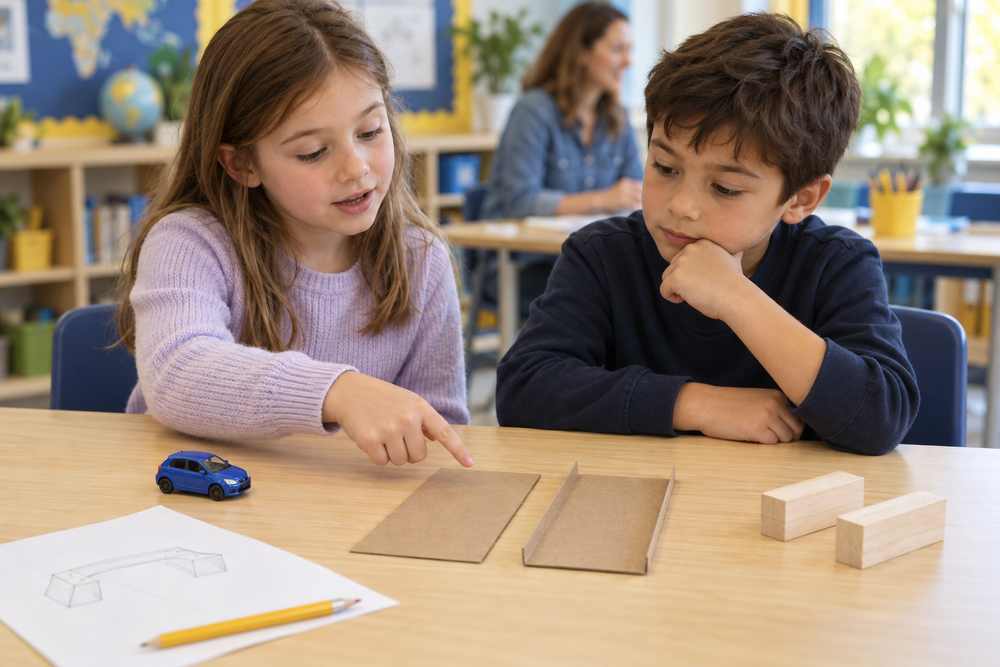 A student compares a flat paperboard design with a folded-edge design beside a toy car