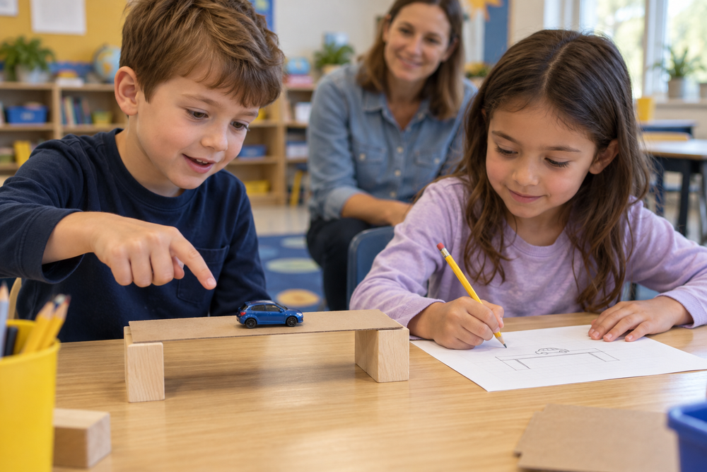 A child points to a paperboard bridge while a partner records a test result