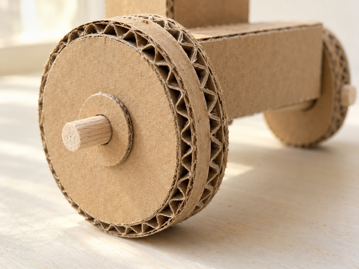 Close-up of a corrugated cardboard wheel and axle