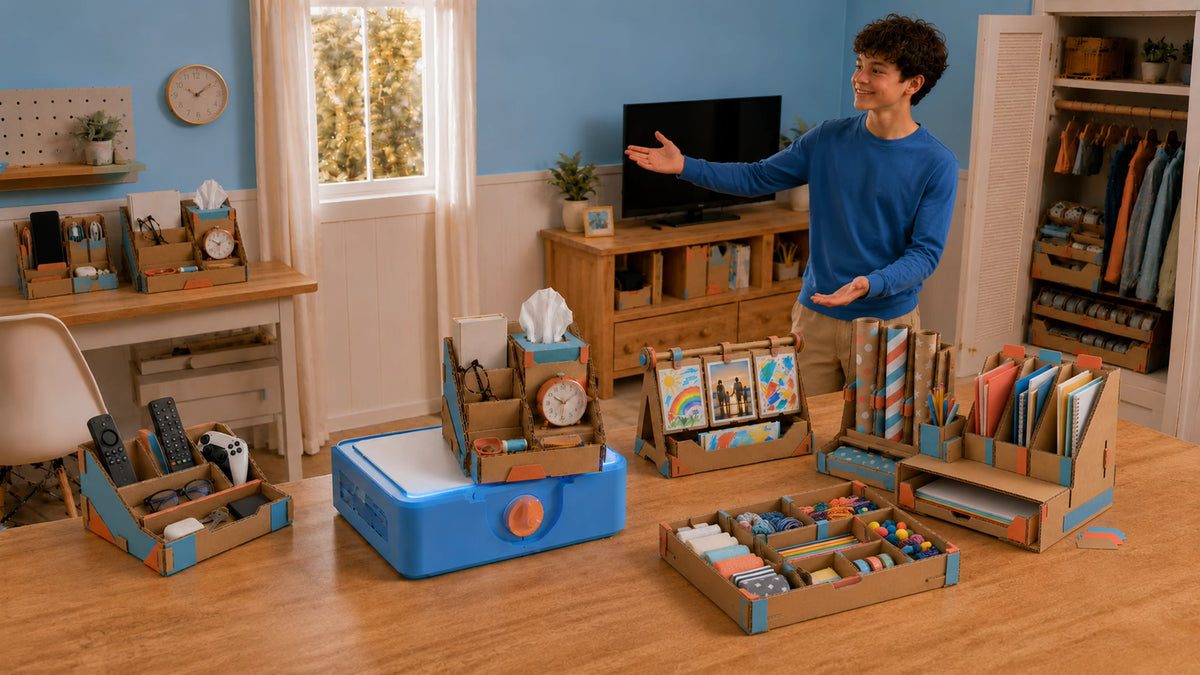 A child transforms cardboard into useful home organizers with Vogalab — Story chapter